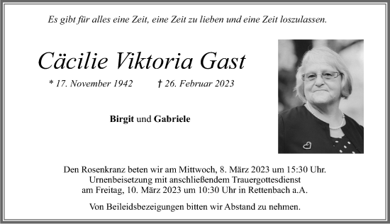 Traueranzeige von Cäcilie Viktoria Gast von Allgäuer Zeitung, Marktoberdorf
