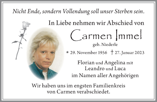 Traueranzeige von Carmen Immel von Allgäuer Zeitung, Füssen