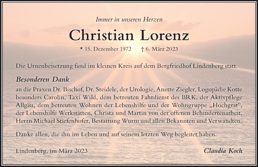  Traueranzeige für Christian Lorenz vom 16.03.2023 aus Der Westallgäuer