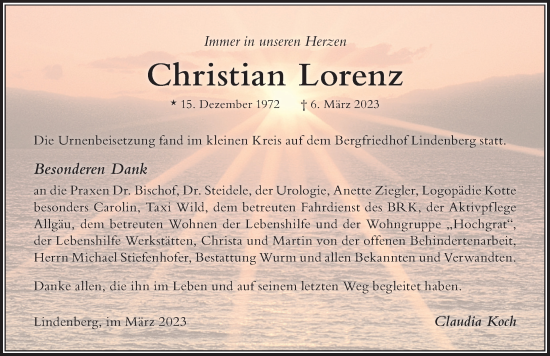 Traueranzeige von Christian Lorenz von Der Westallgäuer