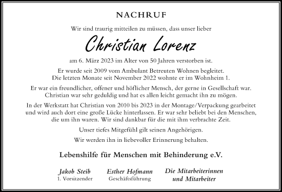 Traueranzeige von Christian Lorenz von Der Westallgäuer