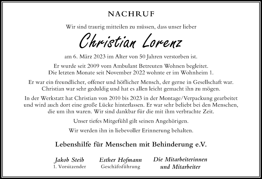  Traueranzeige für Christian Lorenz vom 17.03.2023 aus Der Westallgäuer