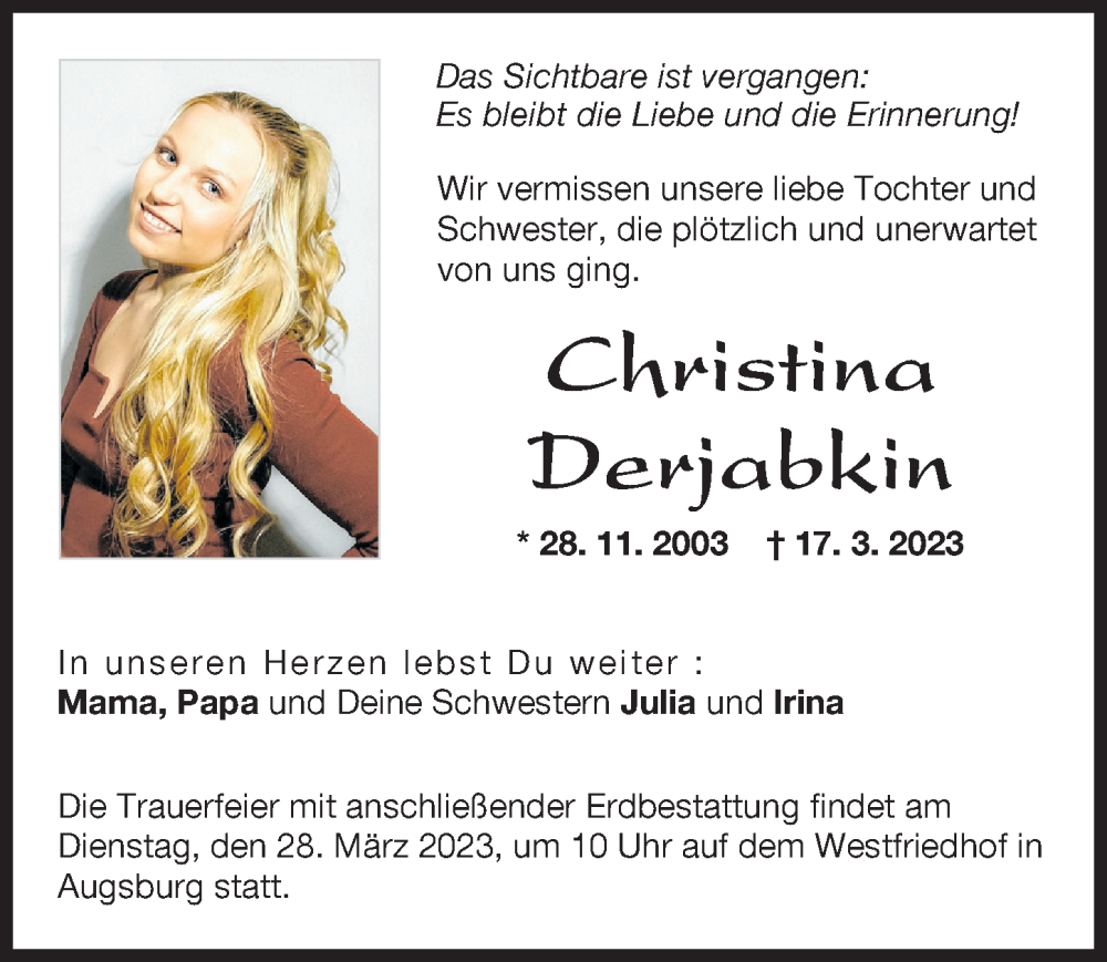  Traueranzeige für Christina Derjabkin vom 25.03.2023 aus Allgäuer Zeitung, Füssen