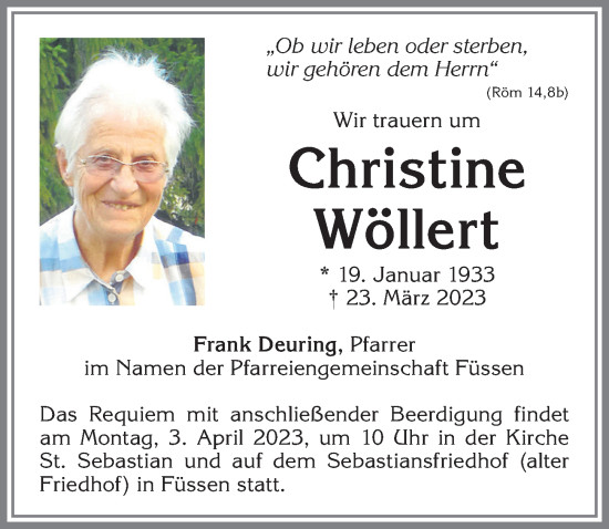 Traueranzeige von Christine Wöllert von Allgäuer Zeitung, Füssen