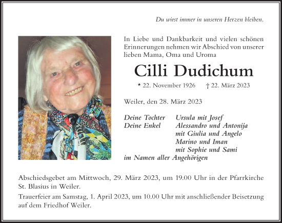 Traueranzeige von Cilli Dudichum von Der Westallgäuer