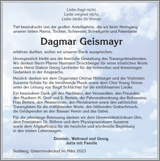 Traueranzeige von Dagmar Geismayr von Allgäuer Zeitung,Kempten