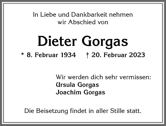 Traueranzeige von Dieter Gorgas von Allgäuer Zeitung,Kempten