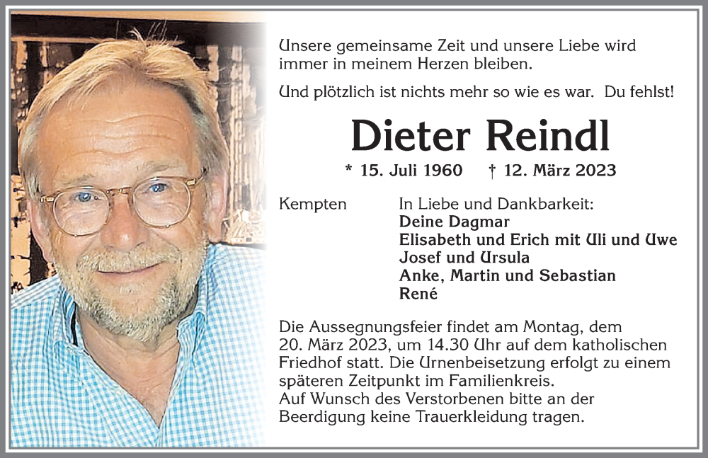  Traueranzeige für Dieter Reindl vom 15.03.2023 aus Allgäuer Zeitung,Kempten