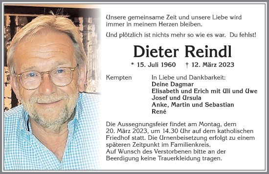 Traueranzeige von Dieter Reindl von Allgäuer Zeitung,Kempten