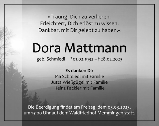 Traueranzeige von Dora Mattmann von Memminger Zeitung