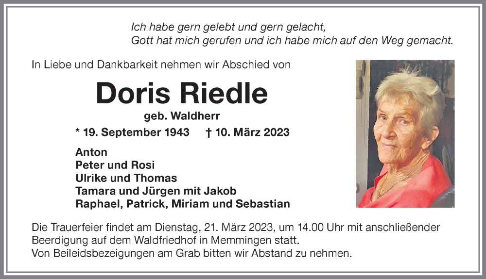  Traueranzeige für Doris Riedle vom 18.03.2023 aus Memminger Zeitung
