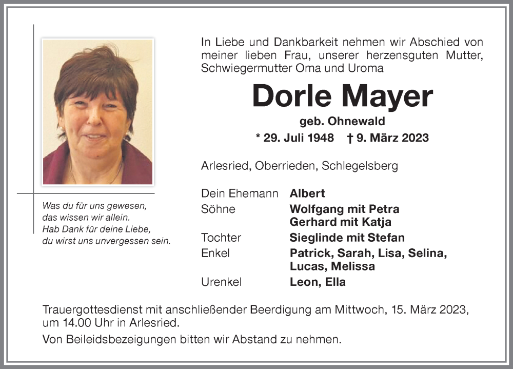  Traueranzeige für Dorle Mayer vom 14.03.2023 aus Memminger Zeitung