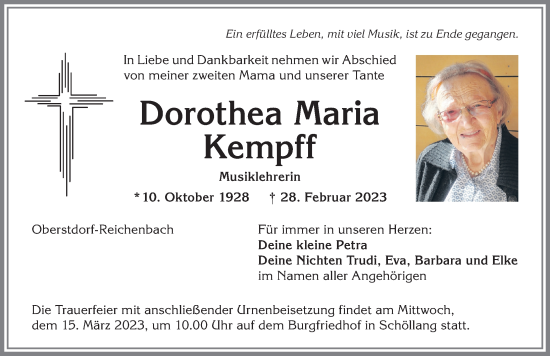 Traueranzeige von Dorothea Maria Kempff von Allgäuer Anzeigeblatt