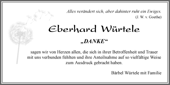 Traueranzeige von Eberhard Würtele von Allgäuer Zeitung, Marktoberdorf