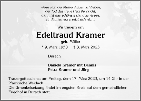 Traueranzeige von Edeltraud Kramer von Allgäuer Zeitung,Kempten