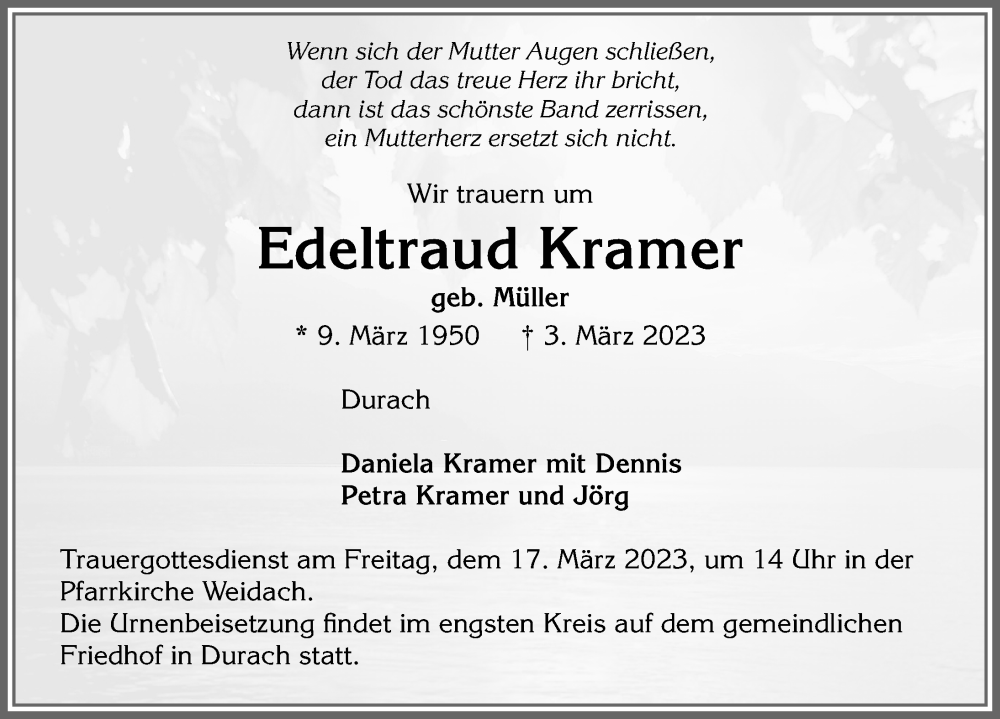  Traueranzeige für Edeltraud Kramer vom 16.03.2023 aus Allgäuer Zeitung,Kempten