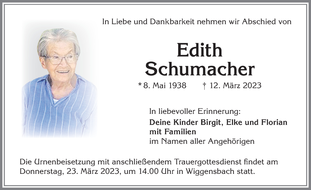  Traueranzeige für Edith Schumacher vom 18.03.2023 aus Allgäuer Zeitung,Kempten