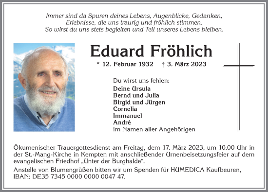 Traueranzeige von Eduard Fröhlich von Allgäuer Zeitung,Kempten