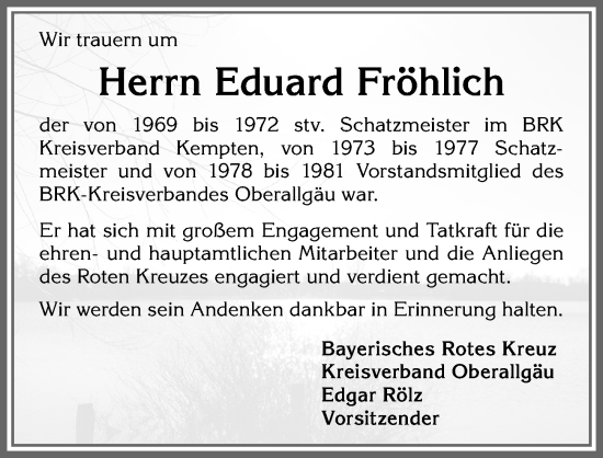 Traueranzeige von Eduard Fröhlich von Allgäuer Anzeigeblatt