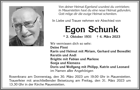 Traueranzeige von Egon Schunk von Allgäuer Zeitung, Kaufbeuren/Buchloe