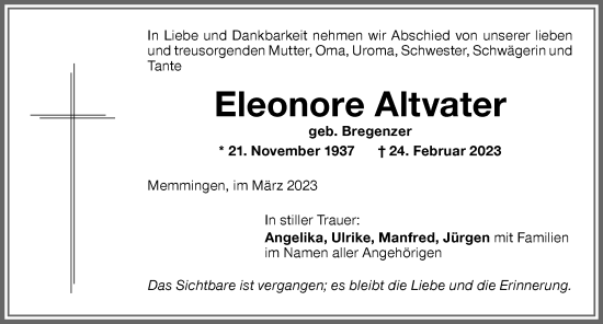 Traueranzeige von Eleonore Altvater von Memminger Zeitung