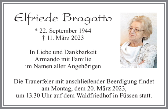 Traueranzeige von Elfriede Bragatto von Allgäuer Zeitung, Kaufbeuren/Buchloe