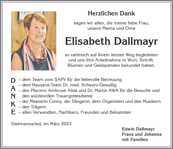 Traueranzeige von Elisabeth Dallmayr von Allgäuer Zeitung,Kempten