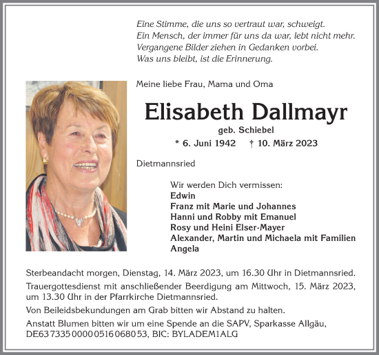 Traueranzeige von Elisabeth Dallmayr von Allgäuer Zeitung,Kempten