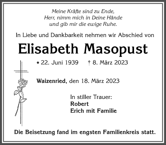 Traueranzeige von Elisabeth Masopust von Allgäuer Zeitung, Marktoberdorf