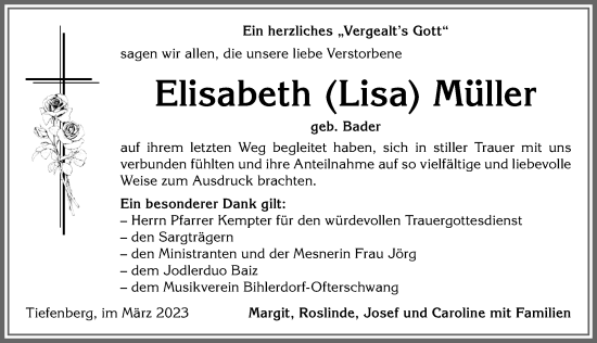 Traueranzeige von Elisabeth Müller von Allgäuer Anzeigeblatt