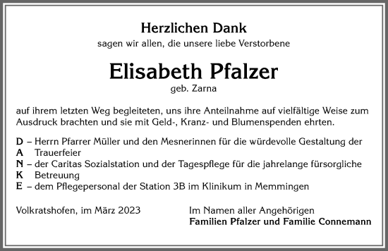 Traueranzeige von Elisabeth Pfalzer von Memminger Zeitung