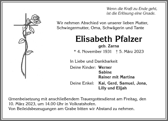 Traueranzeige von Elisabeth Pfalzer von Memminger Zeitung