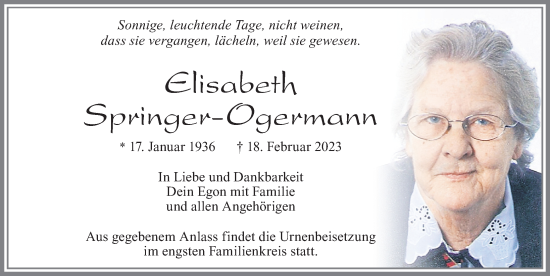 Traueranzeige von Elisabeth Springer-Ogermann von Allgäuer Zeitung, Marktoberdorf