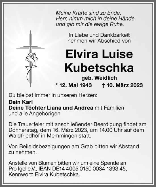 Traueranzeige von Elvira Luise Kubetschka von Memminger Zeitung