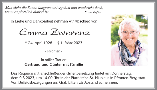 Traueranzeige von Emma Zwerenz von Allgäuer Zeitung, Füssen