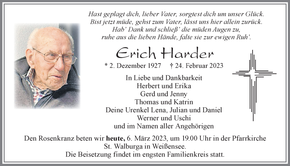  Traueranzeige für Erich Harder vom 06.03.2023 aus Allgäuer Zeitung, Füssen