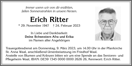 Traueranzeige von Erich Ritter von Allgäuer Zeitung, Kaufbeuren/Buchloe