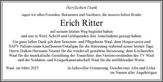 Traueranzeige von Erich Ritter von Allgäuer Zeitung, Kaufbeuren/Buchloe