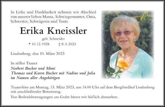 Traueranzeige von Erika Kneissler von Der Westallgäuer