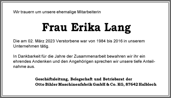 Traueranzeige von Erika Lang von Allgäuer Zeitung, Füssen