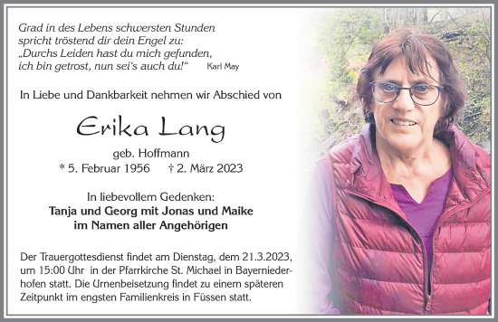 Traueranzeige von Erika Lang von Allgäuer Zeitung, Füssen