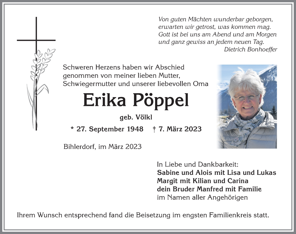  Traueranzeige für Erika Pöppel vom 16.03.2023 aus Allgäuer Anzeigeblatt