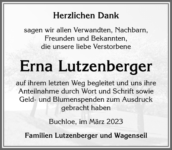 Traueranzeige von Erna Lutzenberger von Allgäuer Zeitung, Kaufbeuren/Buchloe