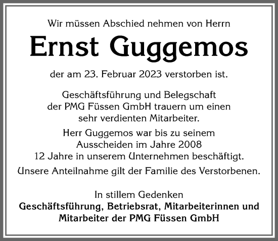 Traueranzeige von Ernst Guggemos von Allgäuer Zeitung, Füssen