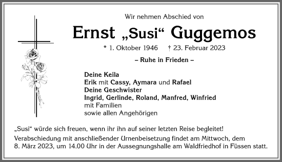 Traueranzeige von Ernst Guggemos von Allgäuer Zeitung, Füssen
