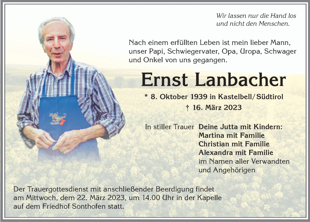  Traueranzeige für Ernst Lanbacher vom 18.03.2023 aus Allgäuer Anzeigeblatt