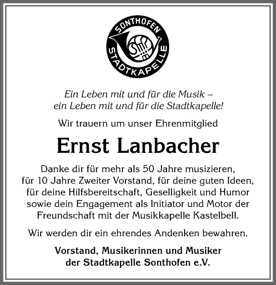 Traueranzeige von Ernst Lanbacher von Allgäuer Anzeigeblatt