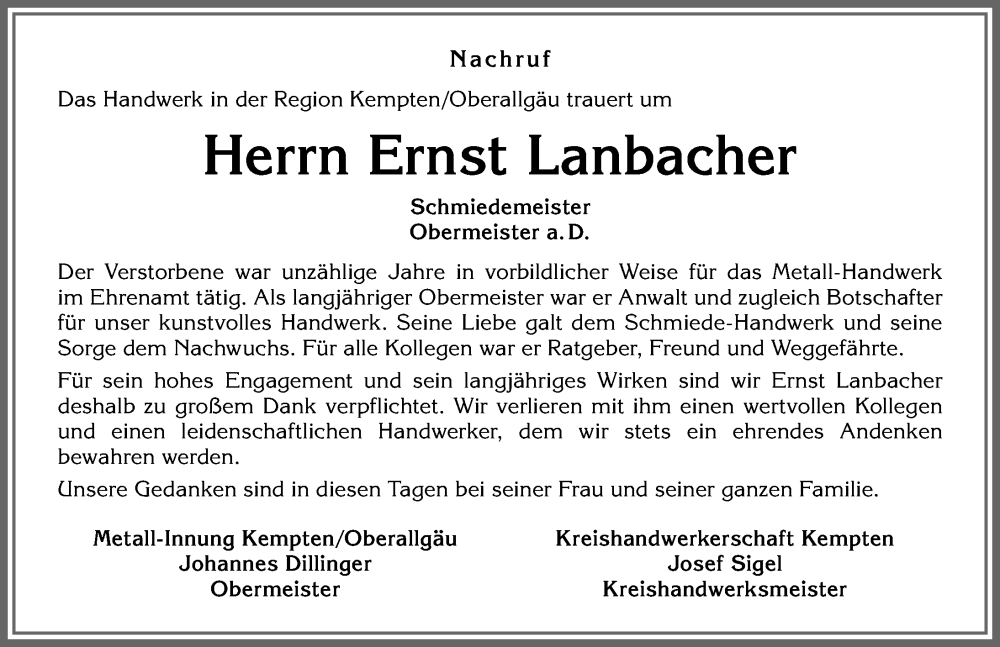  Traueranzeige für Ernst Lanbacher vom 22.03.2023 aus Allgäuer Anzeigeblatt