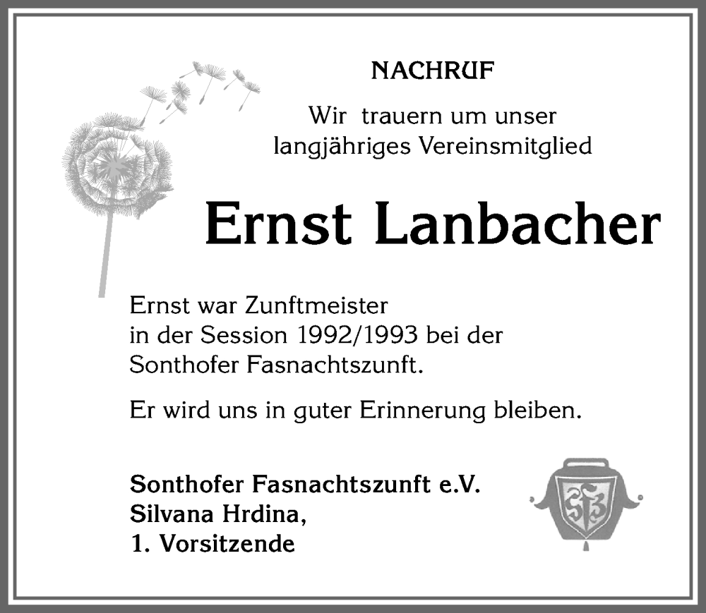  Traueranzeige für Ernst Lanbacher vom 22.03.2023 aus Allgäuer Anzeigeblatt