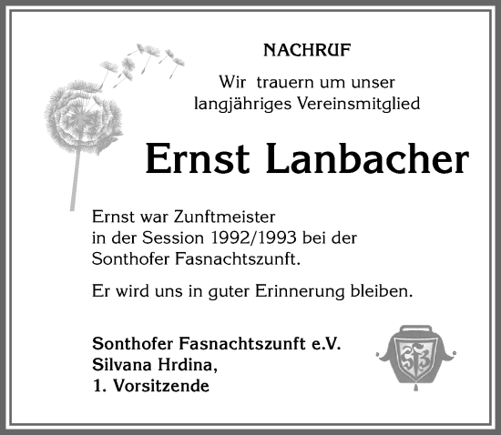 Traueranzeige von Ernst Lanbacher von Allgäuer Anzeigeblatt